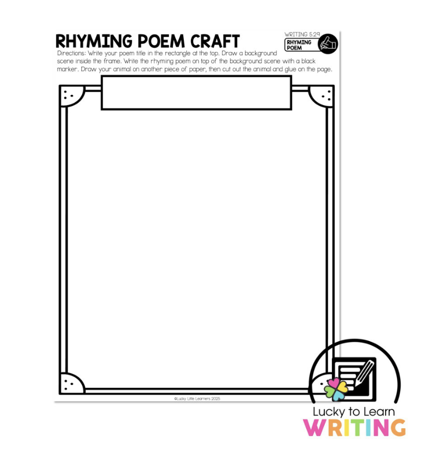 Rhyming poem craft activity for 2nd grade students to write and illustrate their animal poems, including a background scene and cut-out animal to enhance creative expression in poetry.